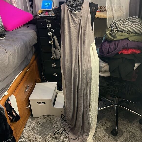 Gottex maxi dress longline grey/white shirtdress /sheath euc xl plus size - Picture 5 of 9